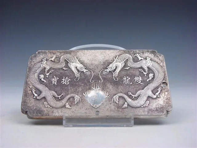 Tibetan Silver Crafted Paperweight Double Dragons & Fireball Carved #07232311