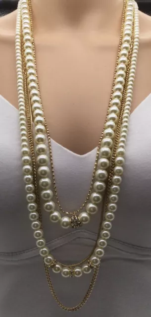 White House Black Market  Gold/Pearl crystal double strand Necklace NEW