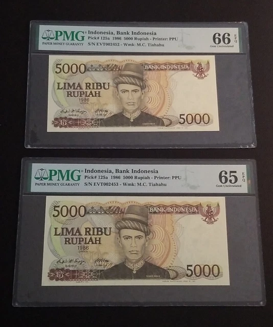 Consecutively S/N Indonesia 5000 Rupiah 1986 P125a PMG 65 & 66 EPQ GEM UNC