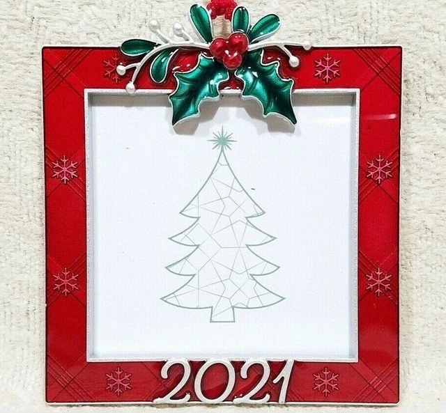 Christmas Tree Ornament Photo Picture Frame 2021 Holly Holiday Red Square Hanger