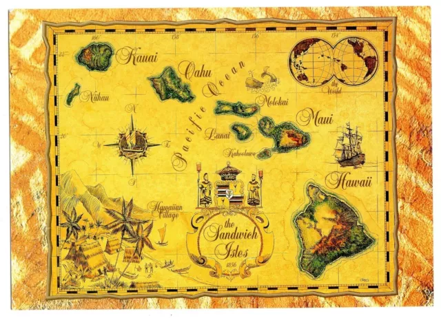 Ye Ole Map of the Sandwich Isles Hawaii Post Card Good Condition Island Heritage