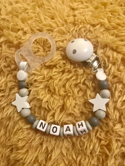 Personalised Baby Dummy Soother Wooden Clip Strap Shower Grey FREE MAM ADAPTER