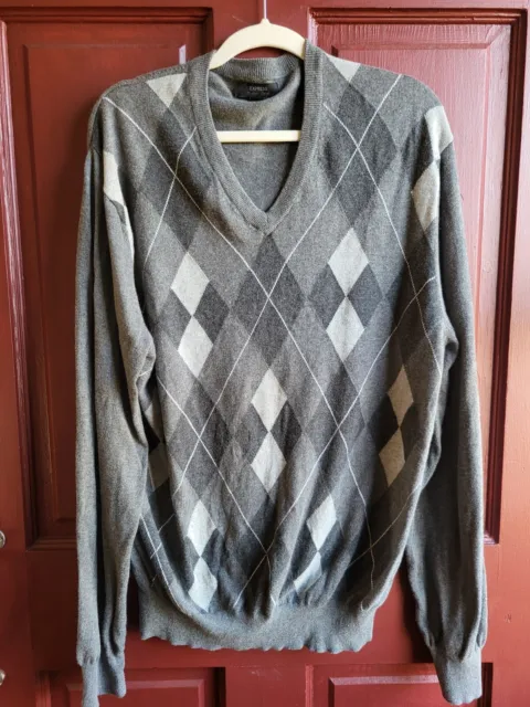 Express Mens Gray Scale Argyle Cashmere Blend V Neck Sweater Size XL