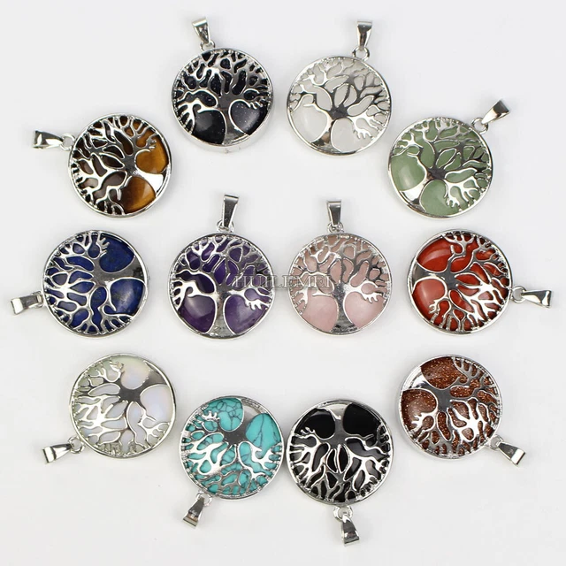 12pcs Natural Stone Crystal Quartz Tree of Life Pendants Reiki Healing Amulet