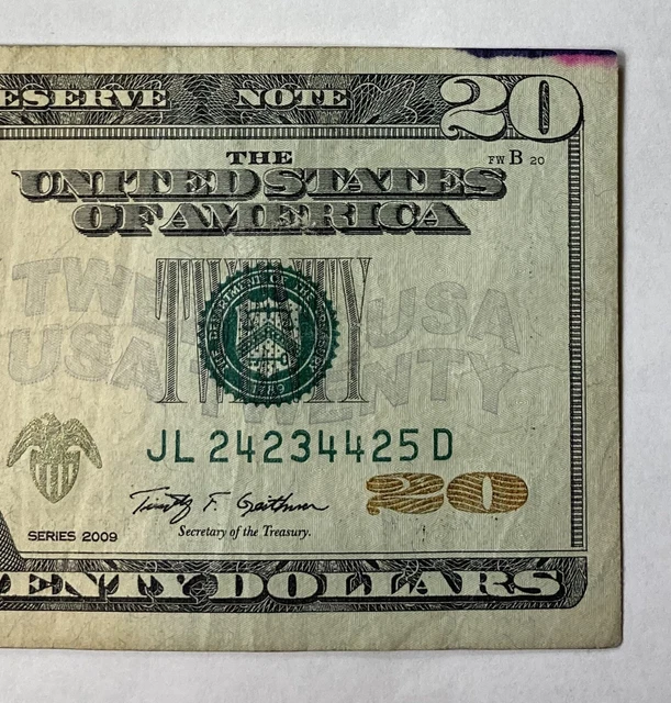 2009 Twenty Dollar Bill Fancy Serial# 2 Triples 2’s & 4’s, Ladder 234, Inked 3
