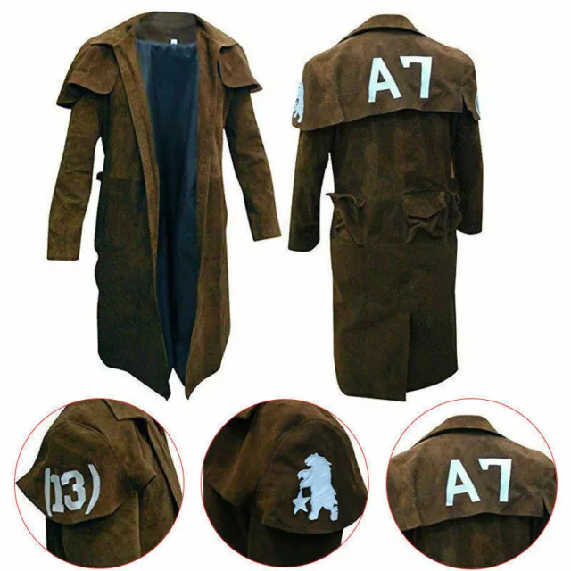 Men's A7 Fallout Vegas Veteran Ranger Real Brown Leather Jacket Trench Coat