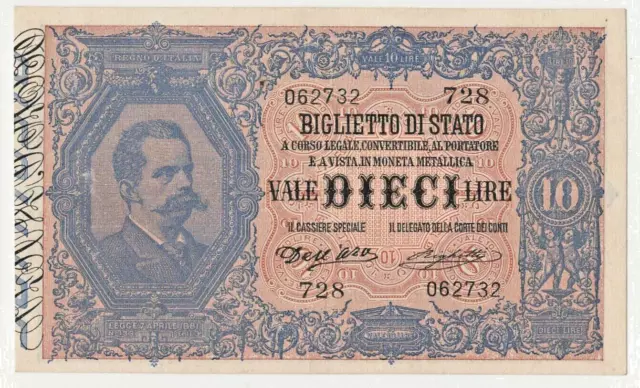 10 lire biglietto di Stato effige Umberto l 25/10/1892 R2  SPL +