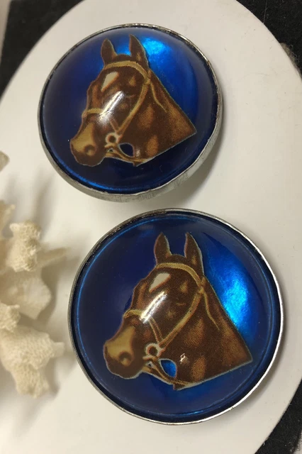 VINTAGE H A CHAPMAN BLUE GLASS ”HORSE HEAD” BRIDLE ROSETTES-Matched