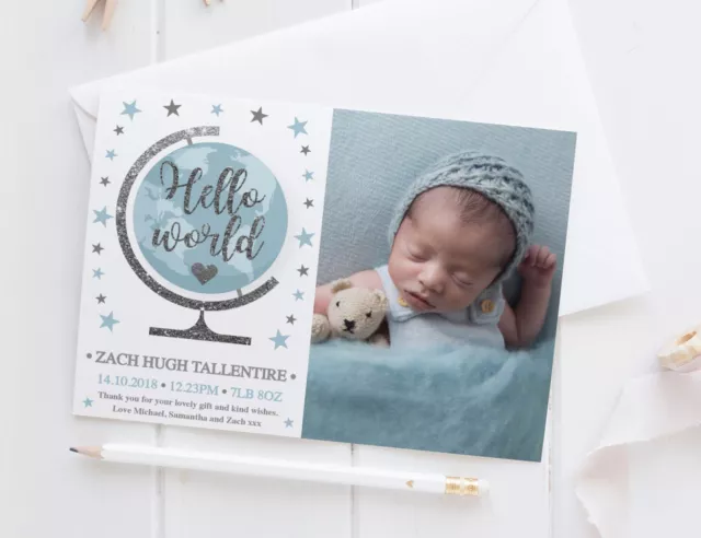 10 Personalised New Baby Thank You Cards / Announcement inc Envelopes + Photo