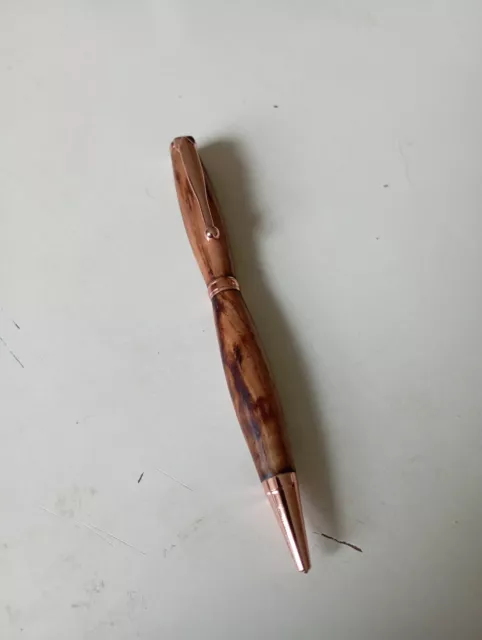 Hand Turned Olive wood Pen With Gold Fittings, New , Velvet Bag Included