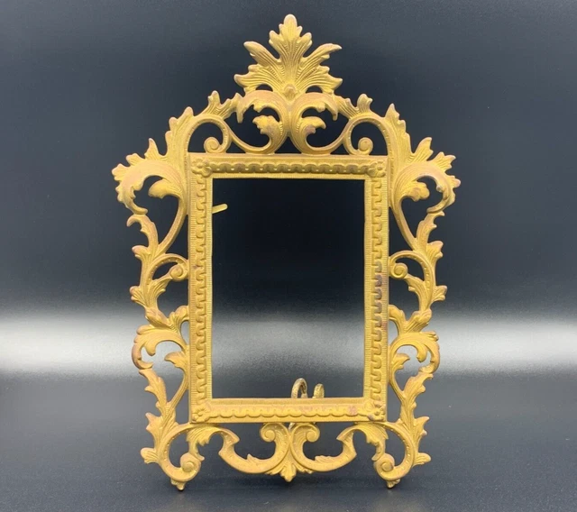 Antique French Large Embossed Gold Gilt Bronze Brass Photo Picture Frame W/Easel