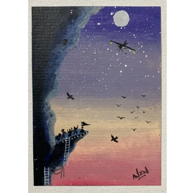 ACEO ORIGINAL PAINTING Mini Collectible Art Card People Sky Moon Plane Birds