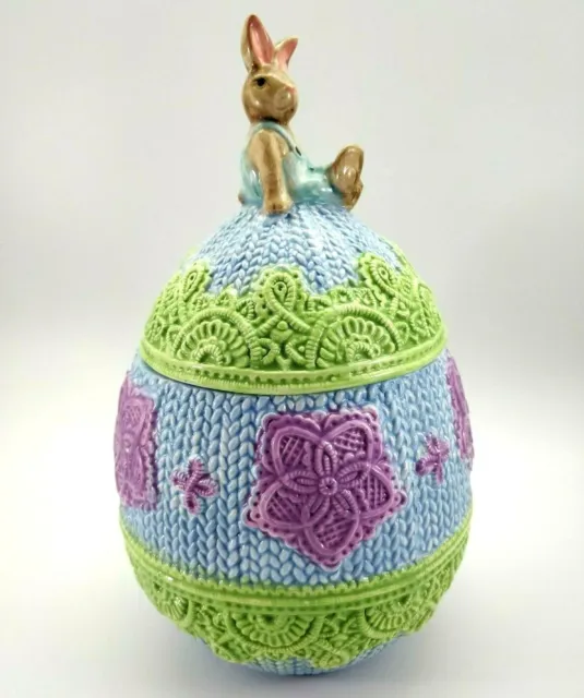 Egg Shaped Ceramic Easter Cookie Jar w Bunny on Top Embossed Majolica Crocket