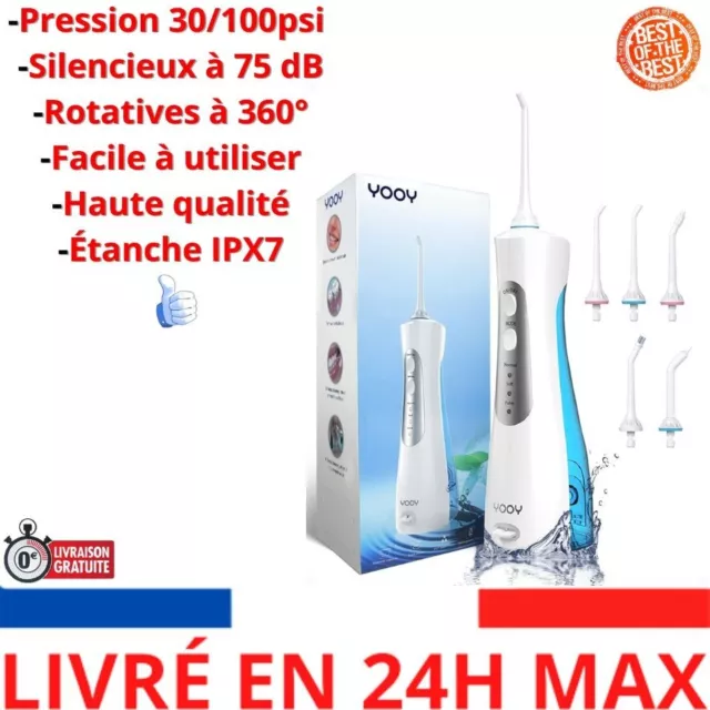 YOOY Jet Dentaire Hydropulsuer Professionnel IPX7 Étanche sans fil 5 Buses 3 Mod