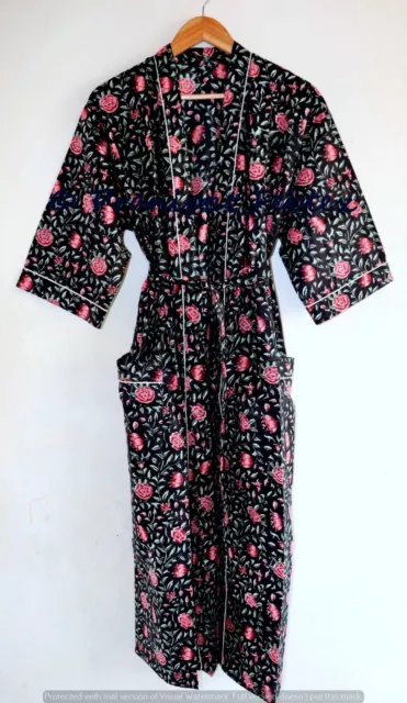 Rosa Estampado Floral Negro Hecho a Mano Algodón Kimono Beachcoverup Pijama