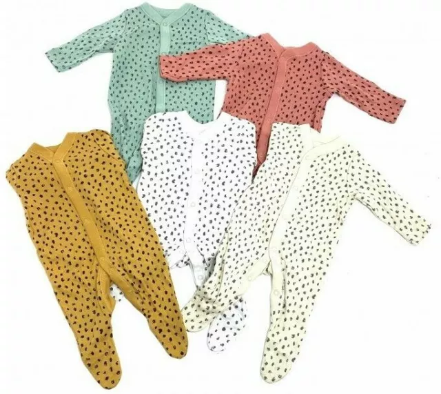 Baby Girls Ex Store Pack of FIVE  Animal Print Sleepsuits  NB up to 12-18M NEW