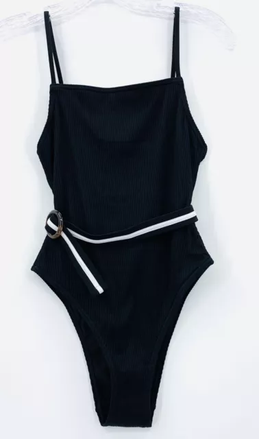 Topshop Swimsuit Womens 4 Black Black Ribbed Belted One Piece Swimwear