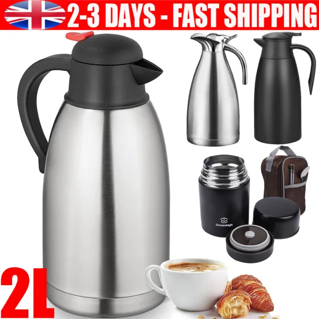 2L Thermos Stainless Steel Flask Unbreakable Vacuum Handle Drinks Silver UK Hot