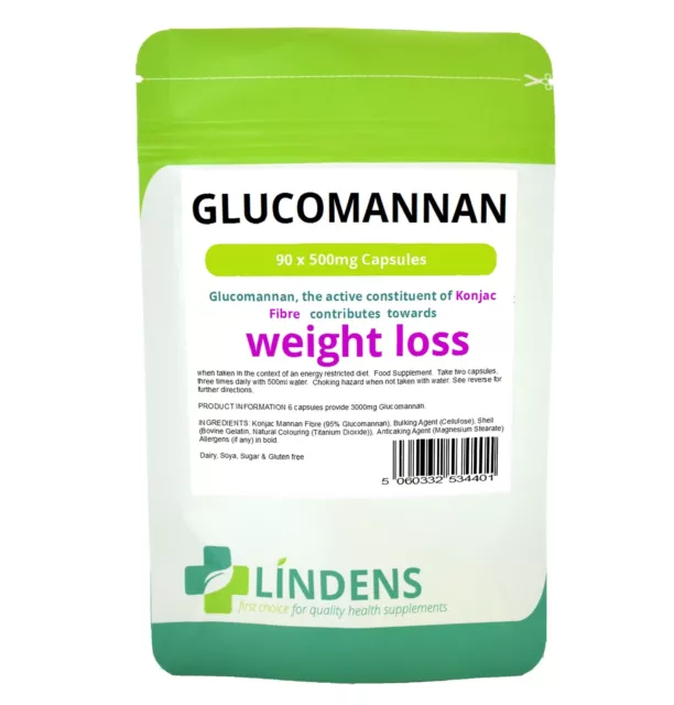 Lindens Glucomannan Konjac Fibre 90 Capsules Pills 500mg Weight Cholesterol