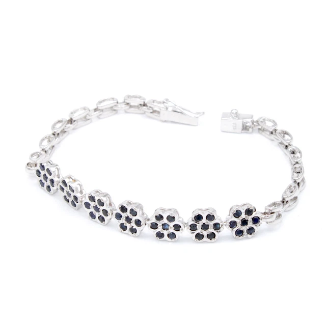 Natural Dark Blue Sapphire Sterling Silver Bracelet floral design 925 bracelet