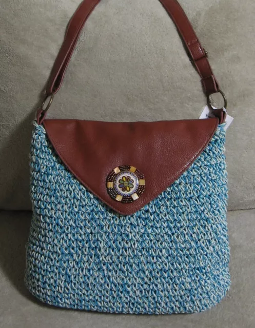 NWT SUN N' SAND Blue Straw & Brown Faux Leather Convertible Tote Shoulder Bag