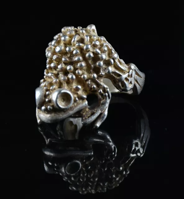 3CM Rare Old Chinese Miao Silver Feng Shui Toad Lucky Jewelry Finger Ring 2