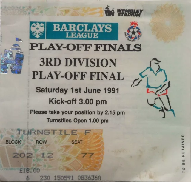 Biglietto calcio - finale spareggi D3 - Bolton Wanderers v Tranmere - 01/06/91