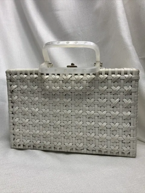 VTG Lesco Lona Basket White Hard Woven Rectangular Handbag Vinyl Bakelite 50/60s