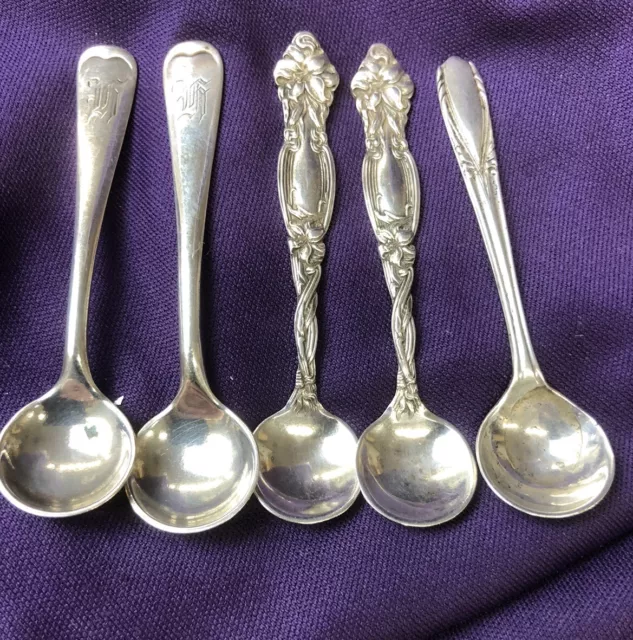 OLD Sterling Silver 5 Small CAVIAR SPOONS 18.02 Grams Various Brands