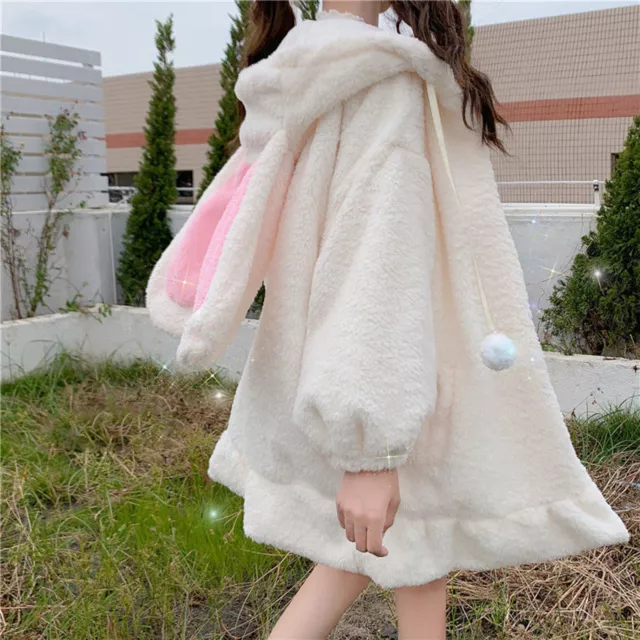 Rabbit Sweater Ruffled Hem Anti-pilling Girl Oversized Bunny Ear Hoodie Coat