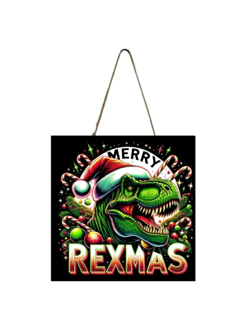 Merry Rexmas on Black Dinosaur Christmas Ornament, Tier Tray Sign Wood Mini Sign
