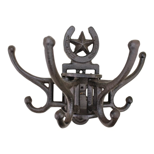 Rustic Cast Iron Rotating Horseshoe Hooks Wall Mounted 4 Double Hook Coat Hanger