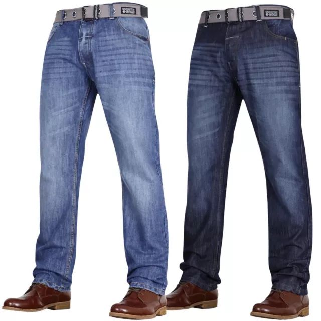 Mens Crosshatch Straight Regular Leg Dark Blue Jeans All Waist Sizes Free Belt
