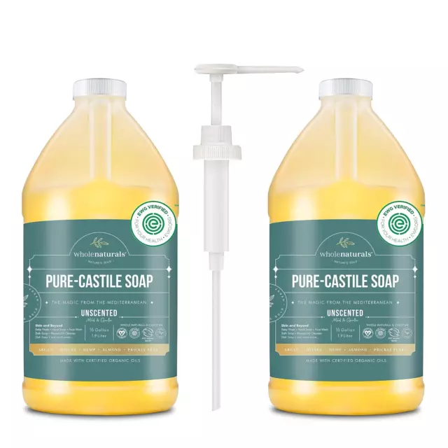 Pure Castile Soap Liquid Unscented, EWG Verified & Certified Palm Oil Free - 1 &