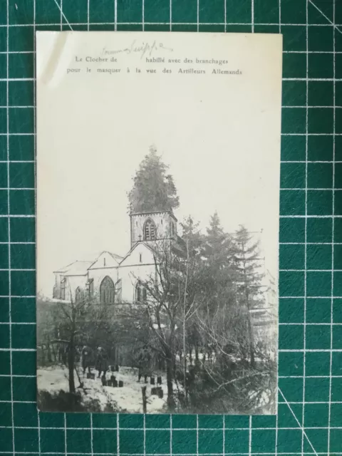 se093 CPA photo circa 1915 ww1 - clocher église camouflé - artilleurs allemands