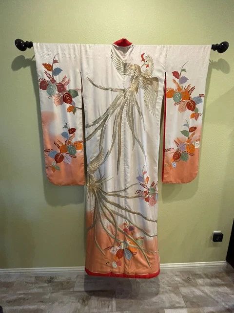 Scarce Vintage Phoenix Pattern Uchikake Japanese Silk Autumn Leaf Wedding Kimono