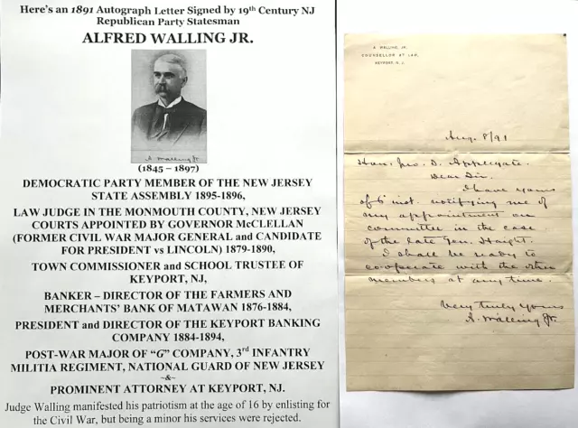 Keyport Nj Politician Assemblyman Judge Banker Ng Major Walling Letter Signed Vf