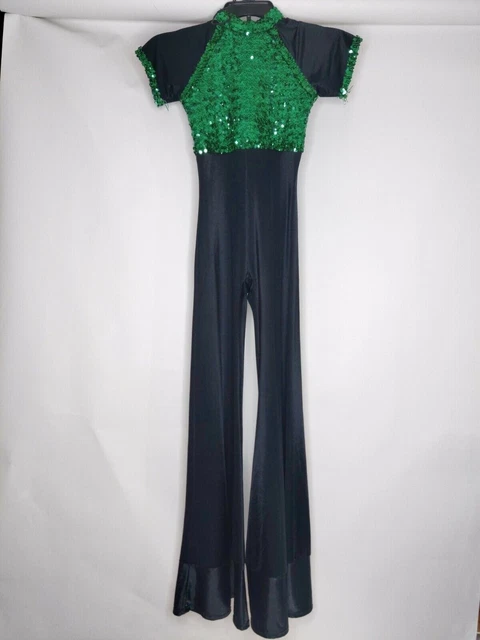 Lauren Womens SA Green/Black Sequin Bell Bottoms Short Sleeve Full Body Outfit