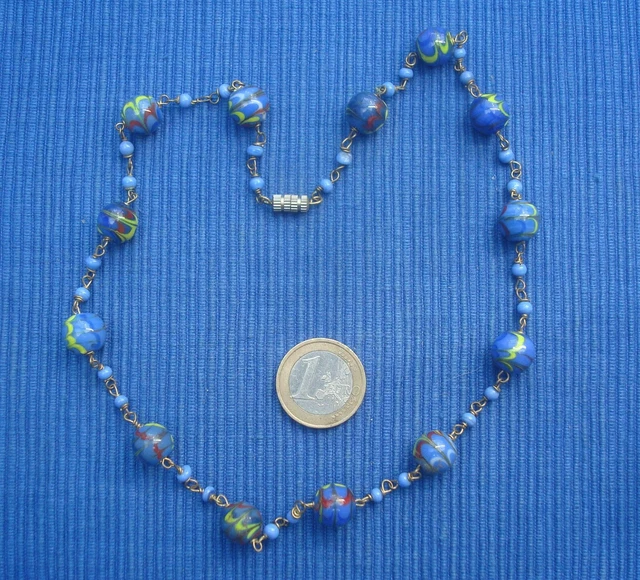 Collier Long En Grosses Perles De Verre Murano - Inclusion Bleue, Fermoir Plaqué Or - Neuf (sans Emballage)