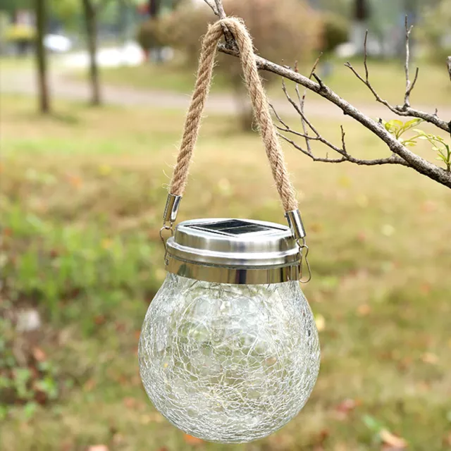 Garden LED Light Solar Powered Crackle Glass Globe Mason Jar Table Hanging Lamp