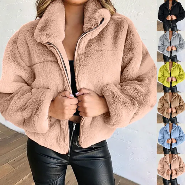 Womens Fluffy Fleece Teddy Bear Jacket Coat Ladies Zip Up Winter Warm Outwear 2