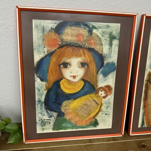 Vintage 1974 ROGER ETIENNE Big Eyes Boy & Girl Framed Mixed Media Art Paintings 3