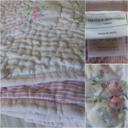 The White Company Rose pink green  patchwork pom pom cot bed quilt 120 x 95 cm