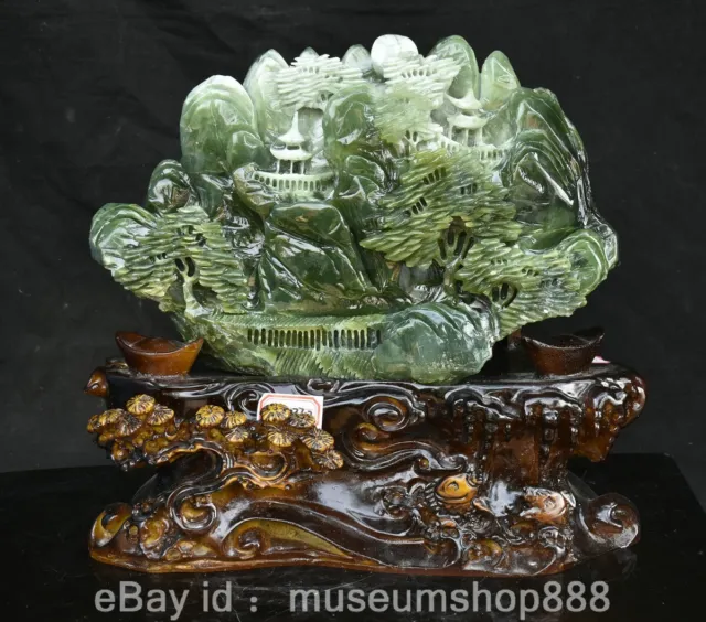 15.6" Old China Naturally Green Xiu Jade Carving Scenery Bridge Mountain Statue