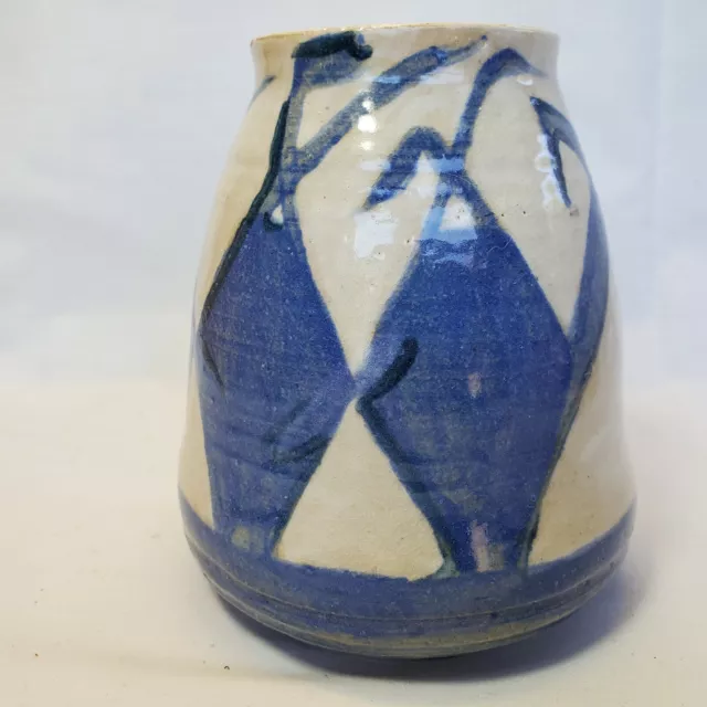 1994 Art Pottery Urn Glazed Bud Vase Hand Made Jar Blue Diamond Signed 5.5"
