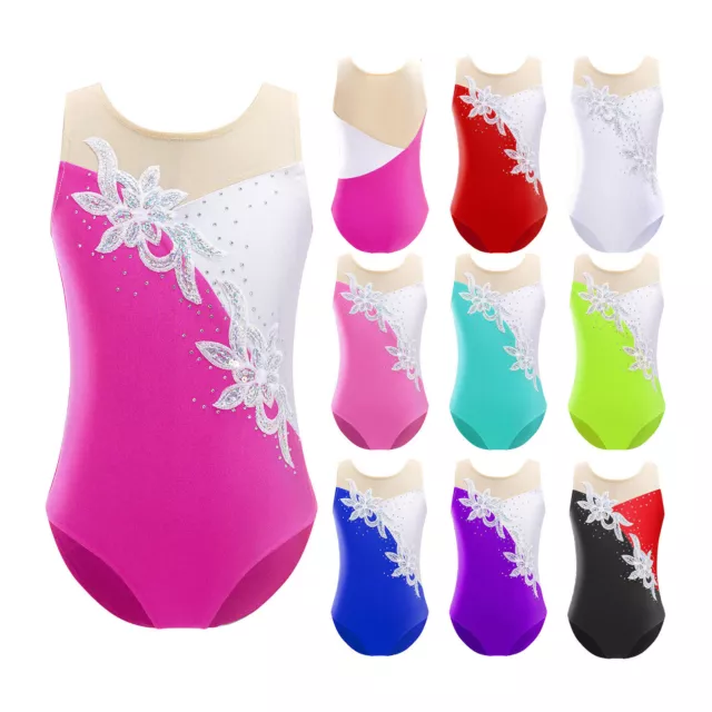 Kid Girls Sleeveless Mesh Splice Sequins Ballet Dance Gymnastic Leotard Jumpsuit