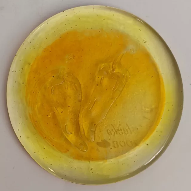 BLENKO Art Glass Tangerine Paperweight Chili Peppers Signed 2008 Flat Disk
