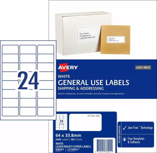 WHITE Avery Inkjet Copier Laser Labels L7159GU 24/Sheet 100 Sheets 938201
