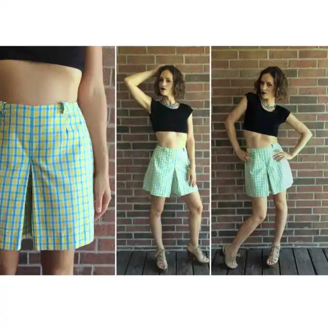vintage 50s Sky Blue PLAID pleated Mini SKORT xs high waisted pinup shorts skirt