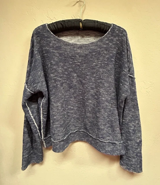 Eileen Fisher Women Medium Gray White Organic Linen Cotton Knit Boxy Sweater Top